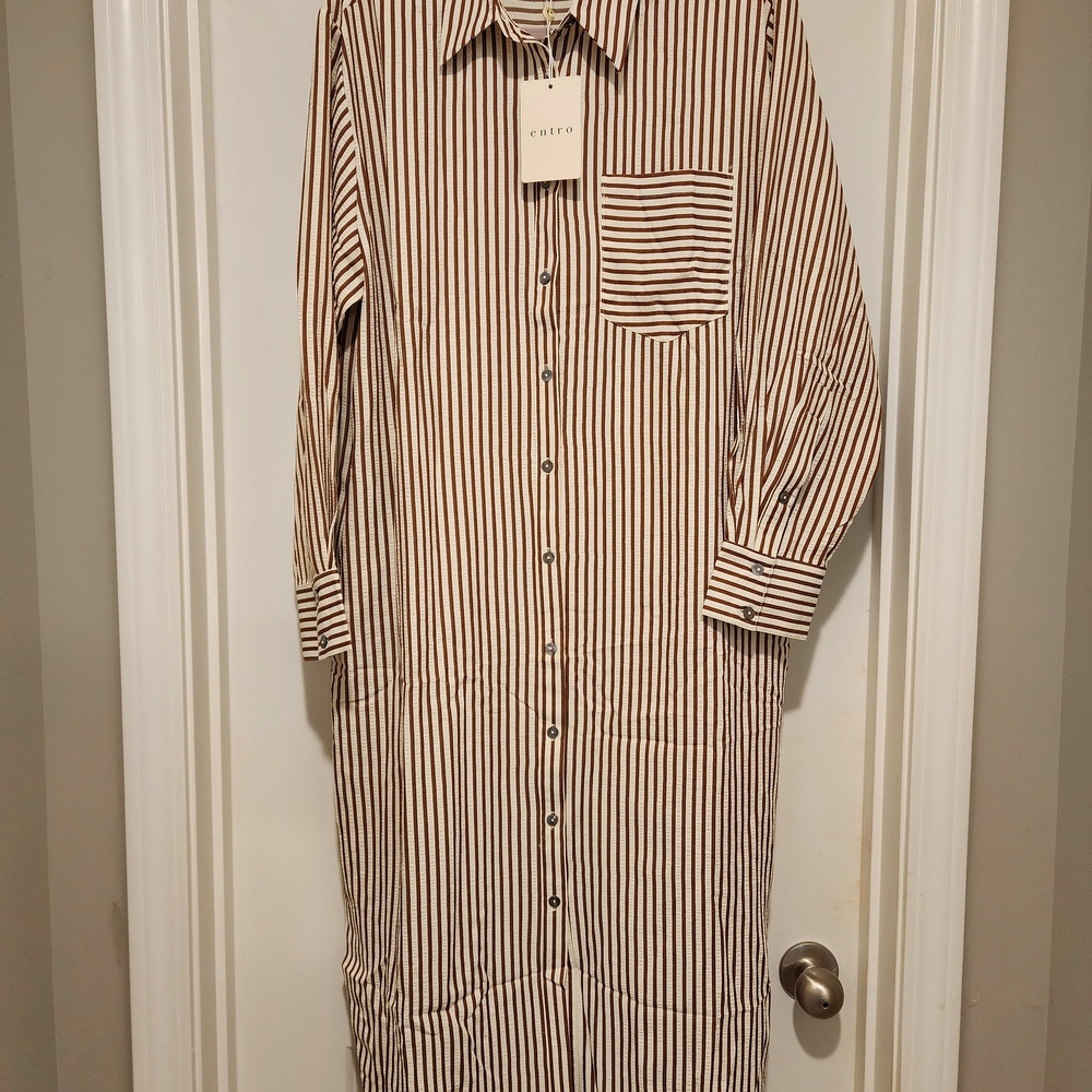 Women's Striped Shirt Dress- Brown and White